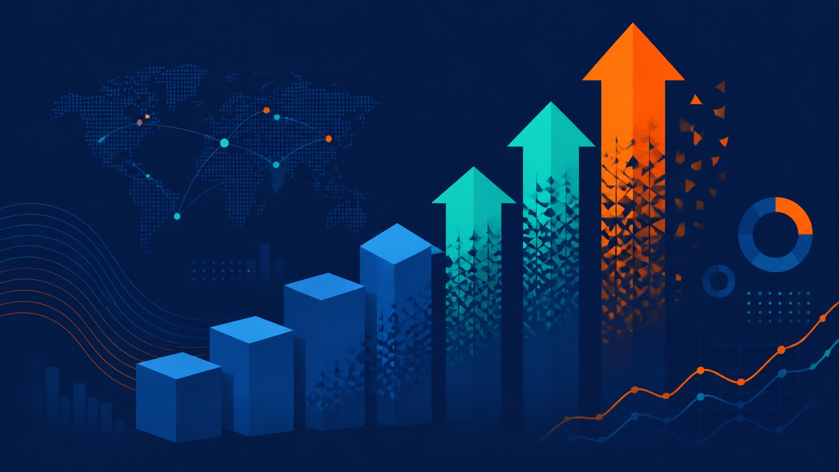 B2BAI illustration: ascending geometric steps turning into upward arrows to represent analytics transformation.