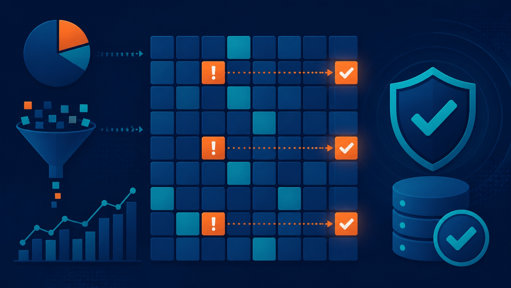 B2BAI illustration: a grid of squares with flagged and corrected cells to represent data quality and validation.
