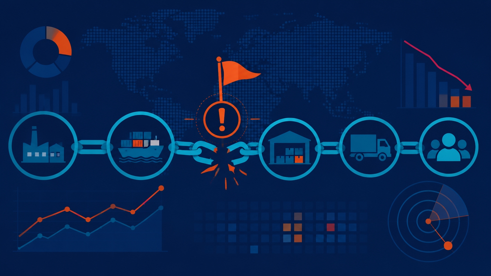 B2BAI illustration: a chain of connected nodes with one broken, flagged link to represent supplier and procurement financial risk.